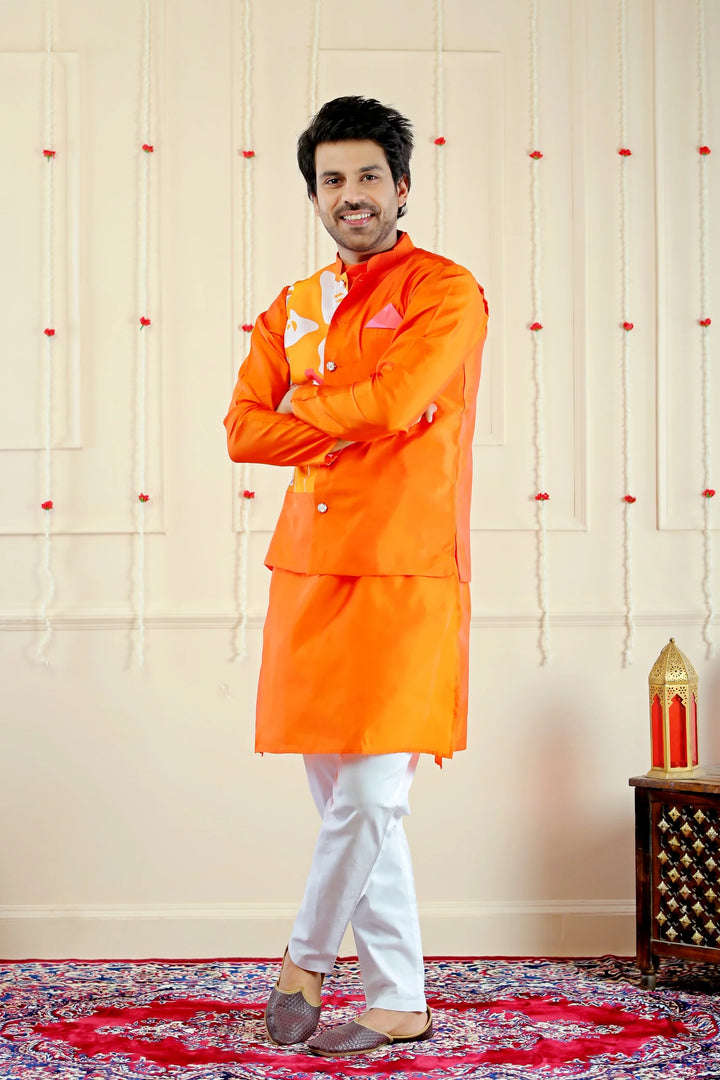 Stylish Orange and White Multifloral Gown with Matching Kurta Pyjama and Jacket ( Family Twin Set )