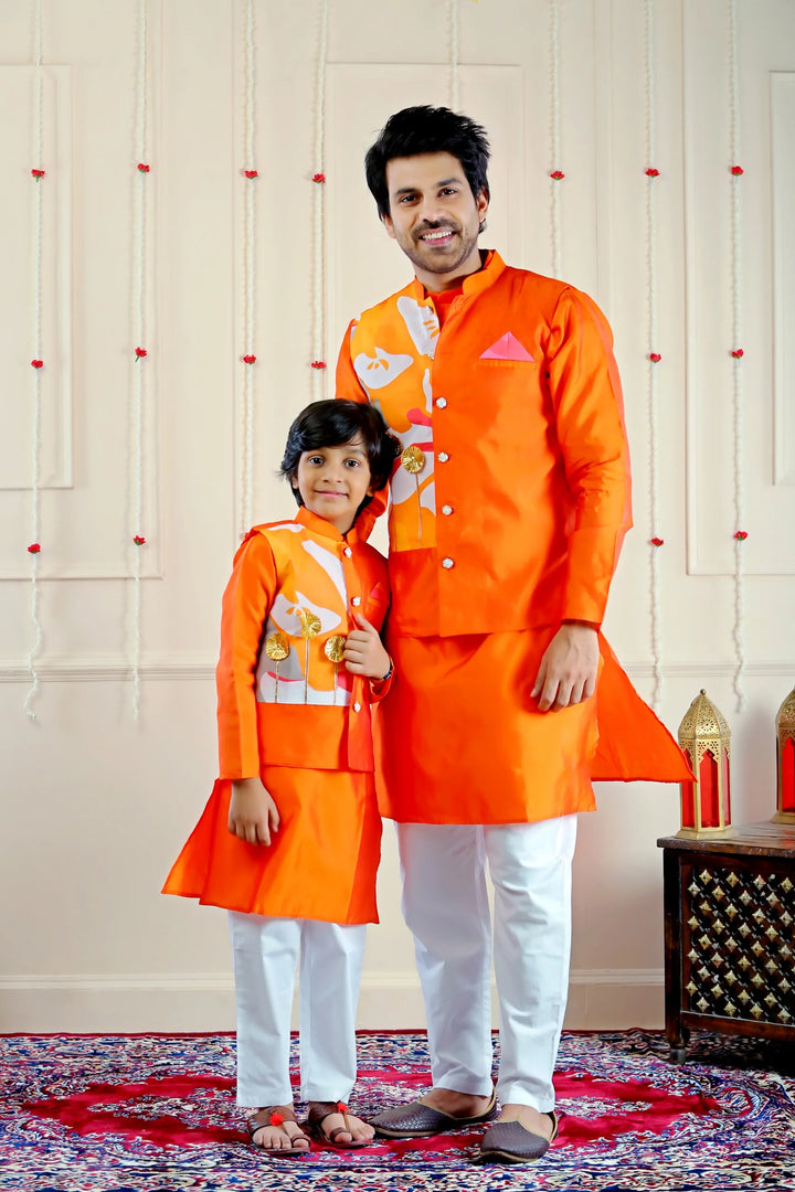 Stylish Orange and White Kurta Pyjama with Matching  Jacket ( Father & Son Twin Set )