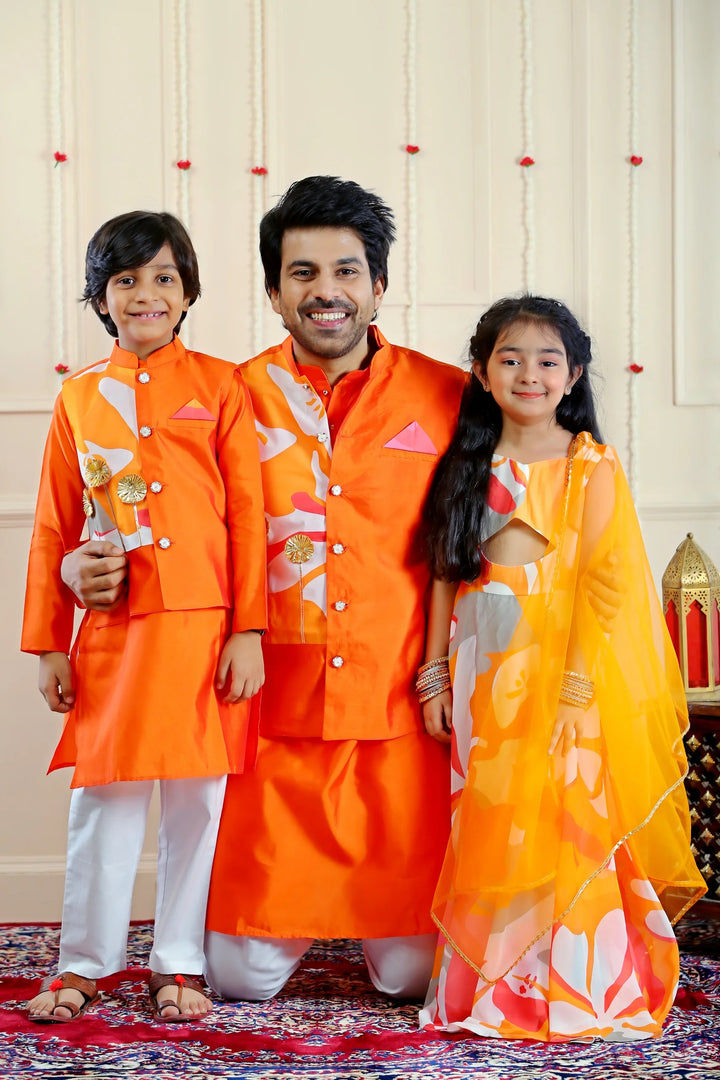 Stylish Orange and White Multifloral Gown with Matching Kurta Pyjama and Jacket ( Family Twin Set )