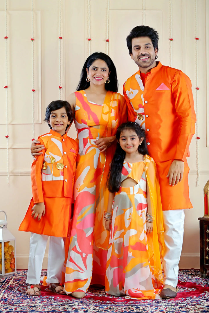 Stylish Orange and White Multifloral Gown with Matching Kurta Pyjama and Jacket ( Family Twin Set )