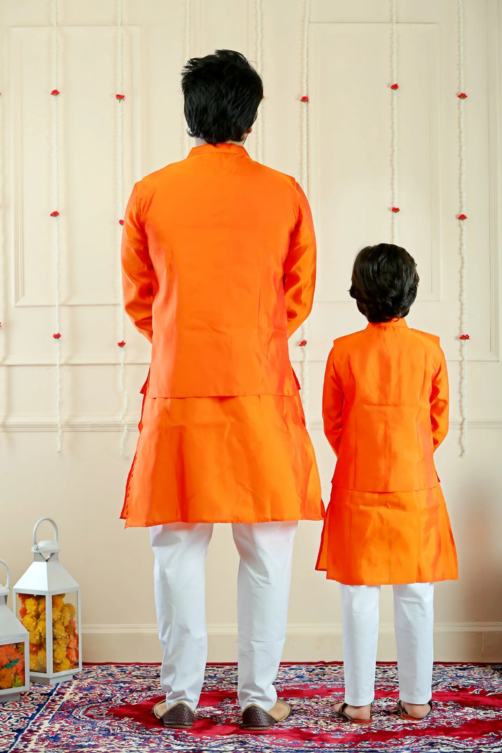 Stylish Orange and White Multifloral Gown with Matching Kurta Pyjama and Jacket ( Family Twin Set )