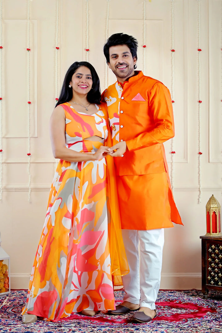 Stylish Orange and White Multifloral Gown with Matching Kurta Pyjama and Jacket ( Family Twin Set )