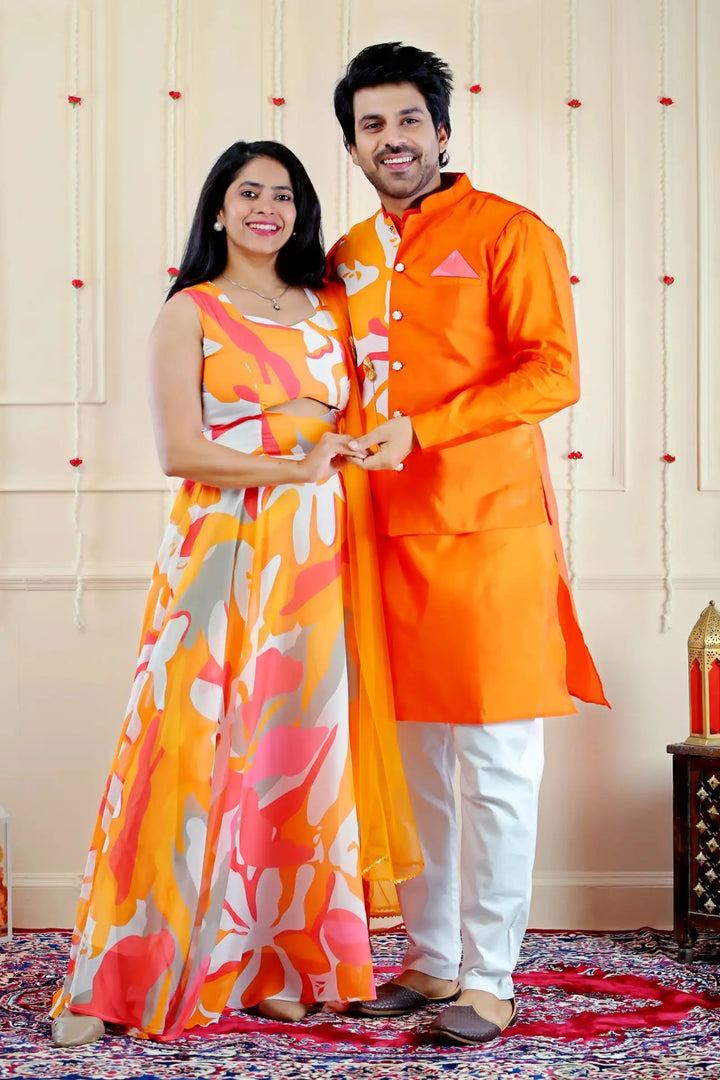 Stylish Orange and White Multifloral Gown with Matching Kurta Pyjama and Jacket ( Couple Twin Set )
