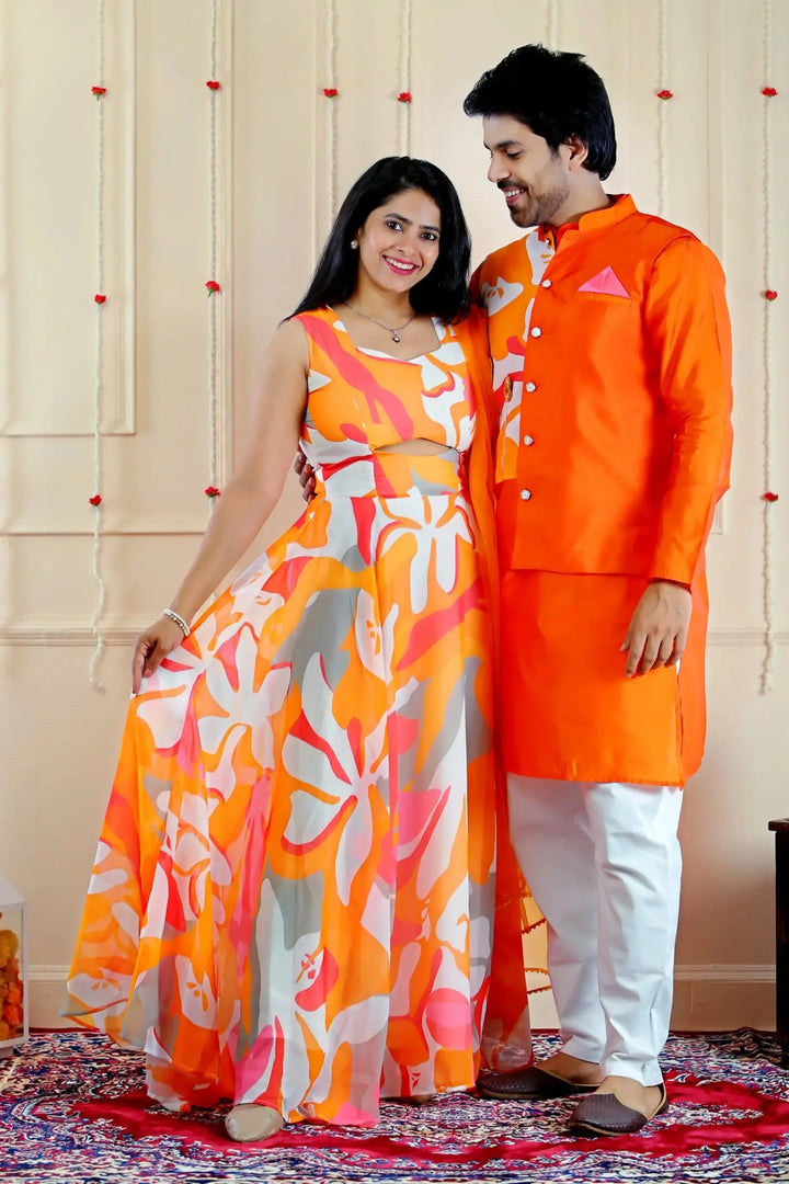 Stylish Orange and White Multifloral Gown with Matching Kurta Pyjama and Jacket ( Couple Twin Set )