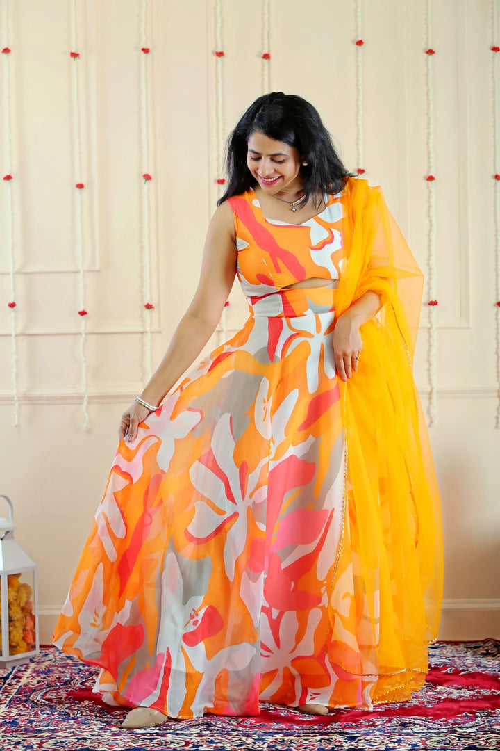 Stylish Orange and White Multifloral Gown with Matching Kurta Pyjama and Jacket ( Family Twin Set )