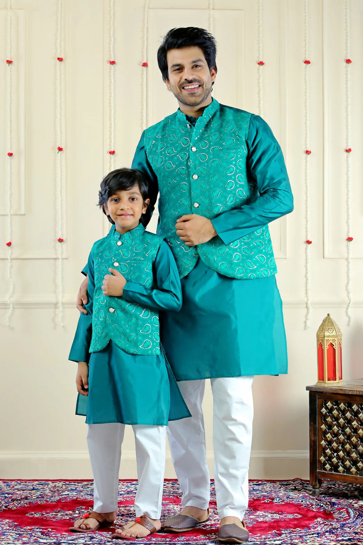 Blue Sequins Jacket with Matching Kurta Pajama (Father & Son Twin Set)