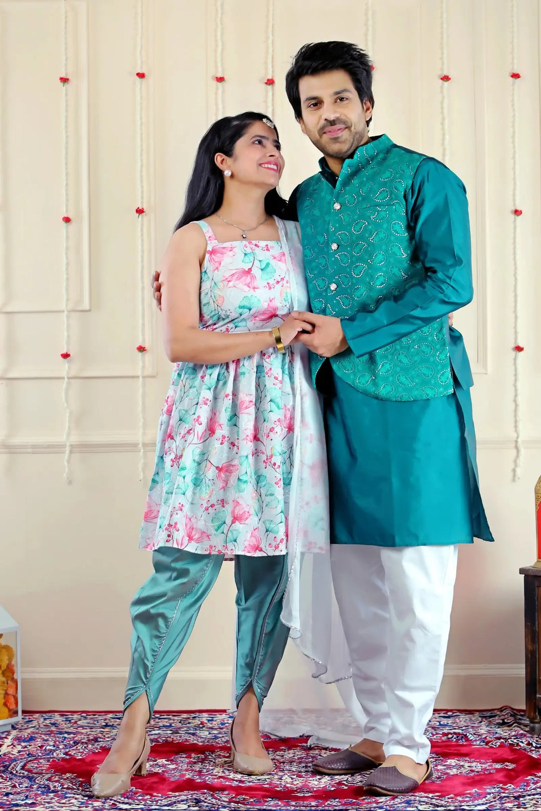 Sky Blue Floral Kurta With Dhoti and Matching Kurta Pyjama with Jacket ( Couple Twin Set )