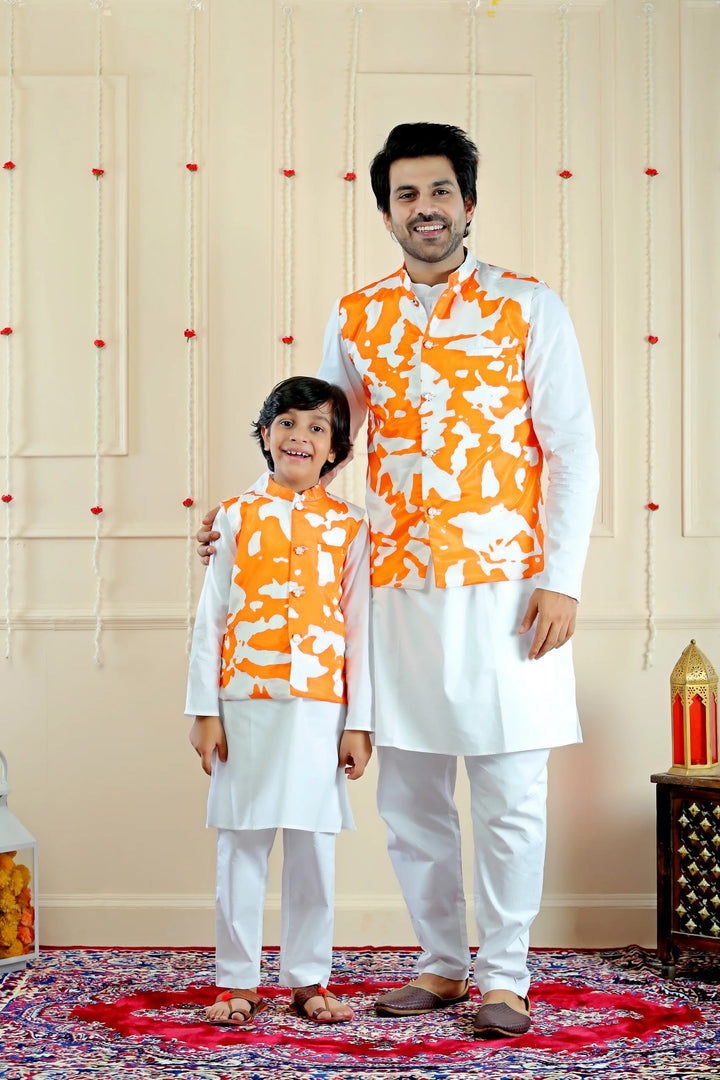 Elegant Orange and White Crop Top & Sharara with Attached Dupatta & Matching Kurta Pyjama and Jacket ( Family Twin Set )