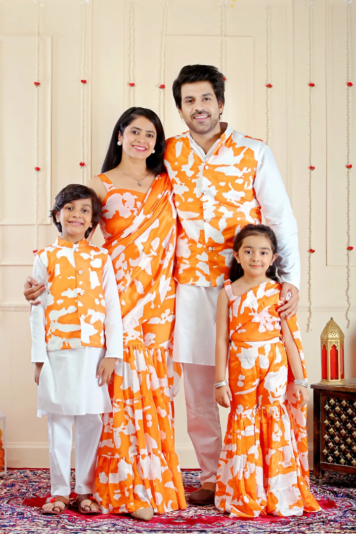 Elegant Orange and White Crop Top & Sharara with Attached Dupatta & Matching Kurta Pyjama and Jacket ( Family Twin Set )