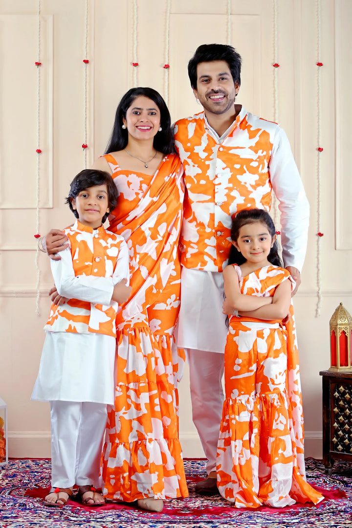 Elegant Orange and White Crop Top & Sharara with Attached Dupatta & Matching Kurta Pyjama and Jacket ( Family Twin Set )