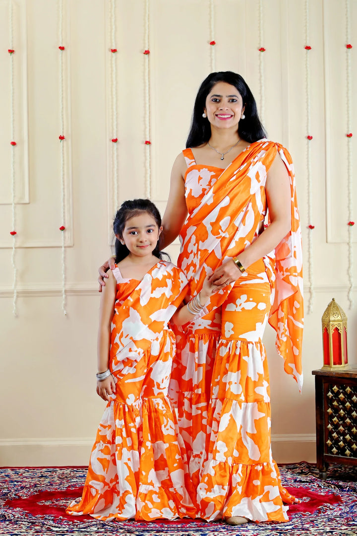 Elegant Orange and White  Floral Crop Top & Sharara with Attached Dupatta ( Mother & Daughter Twin Set )