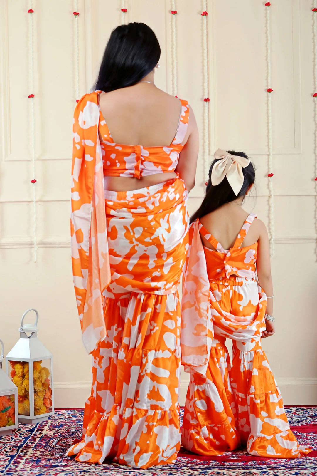Elegant Orange and White  Floral Crop Top & Sharara with Attached Dupatta ( Mother & Daughter Twin Set )