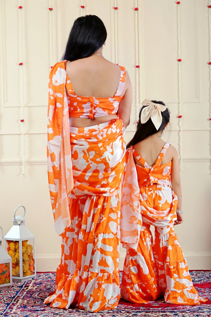 Elegant Orange and White  Floral Crop Top & Sharara with Attached Dupatta ( Mother & Daughter Twin Set )