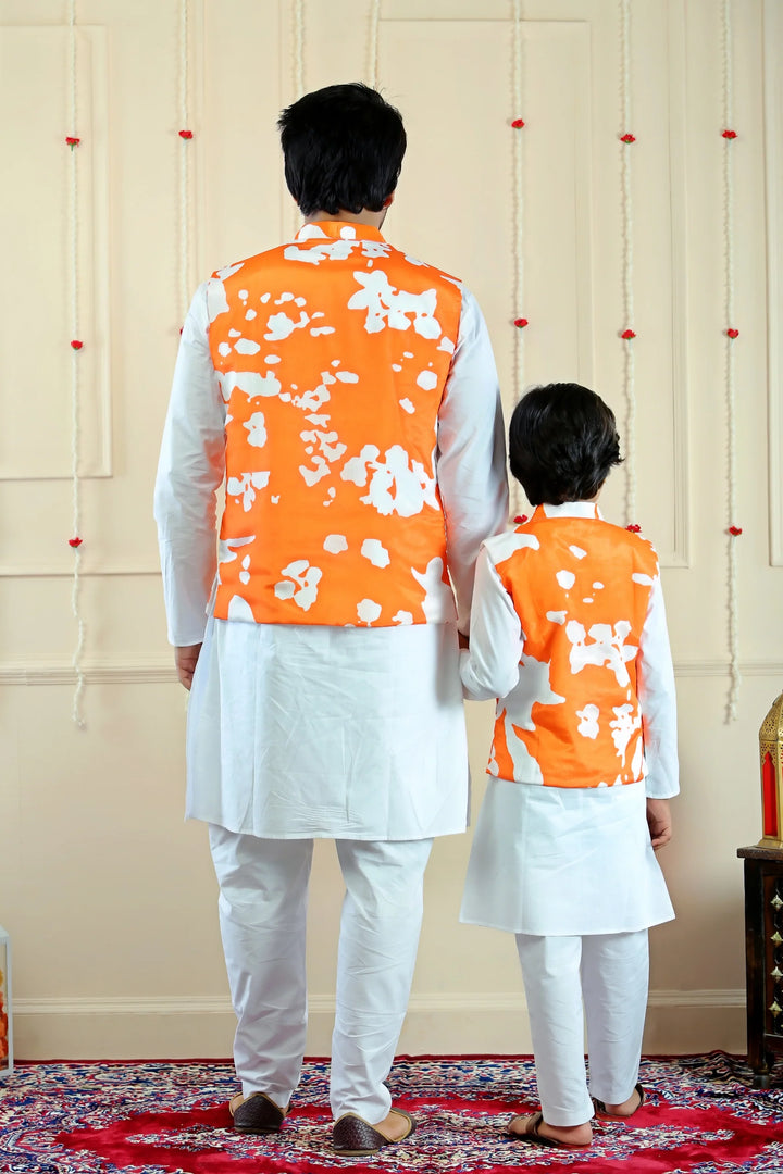 Elegant Orange and White Floral Jacket with White Kurta Pyjama ( Father & Son Twin Set )