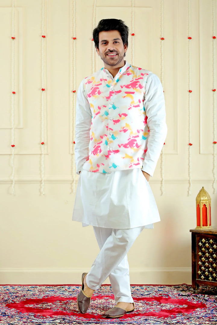 Shining White Kurta Pyjama  with Jacket ( Father & Twin Set )