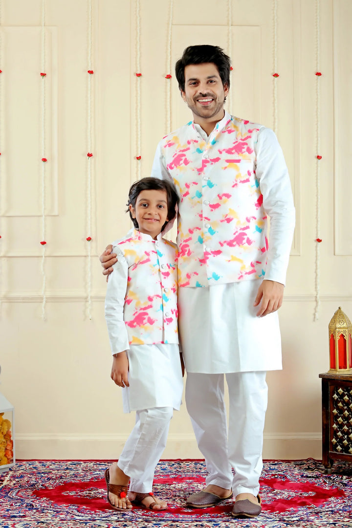 Shining White Kurta Pyjama  with Jacket ( Father & Twin Set )