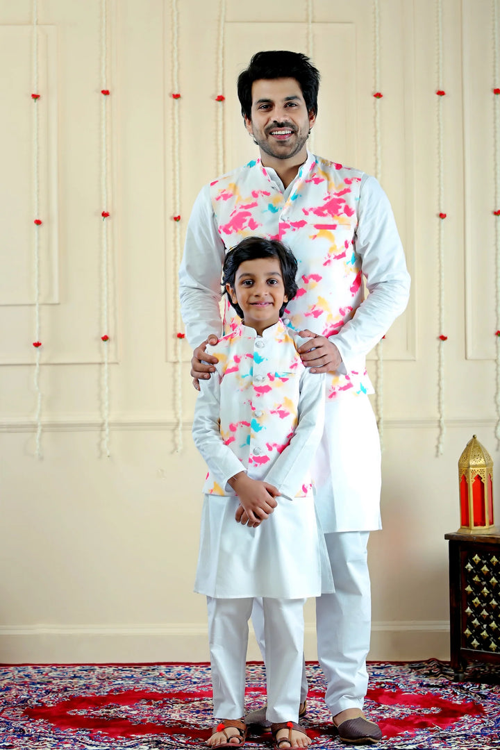 Shining White Kurta Pyjama  with Jacket ( Father & Twin Set )