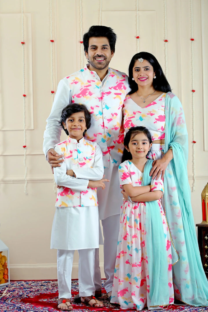 Shining White Multifloral Lehenga Crop Top and Dupatta with Matching Kurta Pyjama with Jacket ( Family Twin Set )