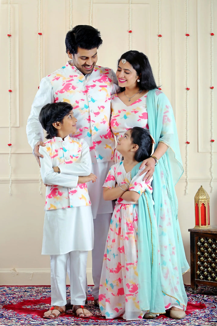 Shining White Multifloral Lehenga Crop Top and Dupatta with Matching Kurta Pyjama with Jacket ( Family Twin Set )