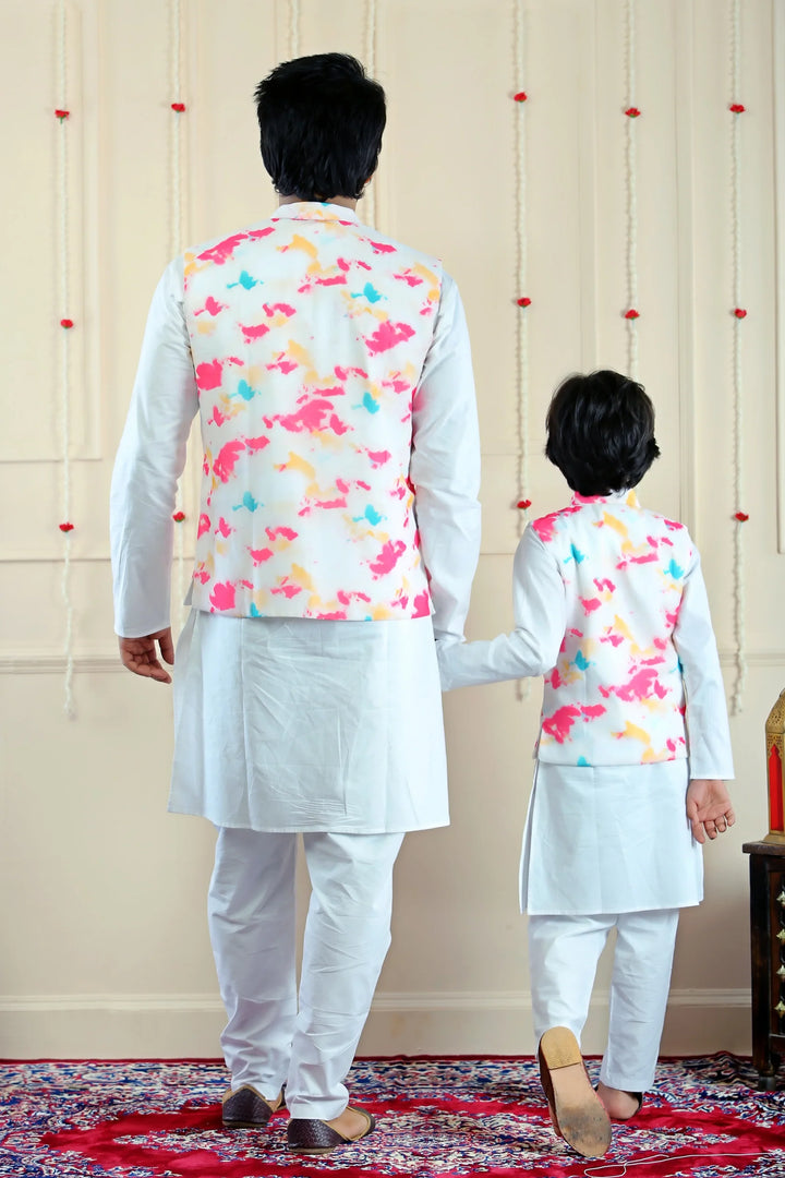 Shining White Kurta Pyjama  with Jacket ( Father & Twin Set )