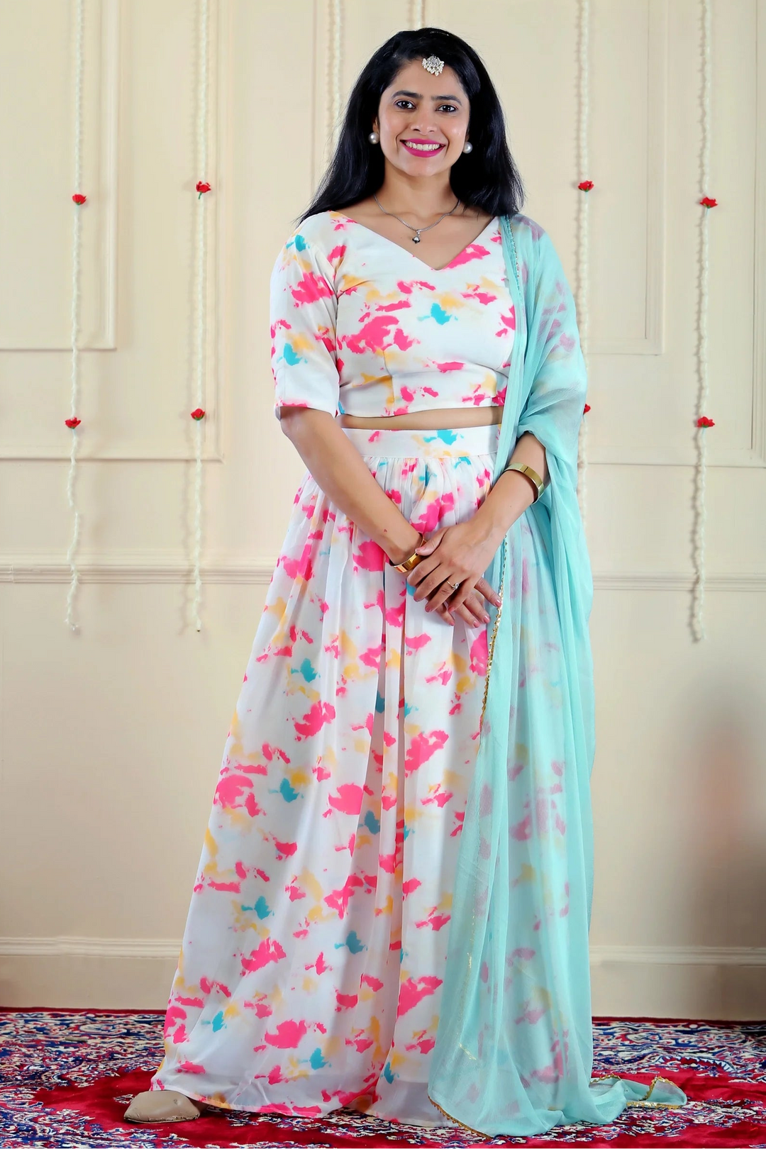 Shining White Multifloral Lehenga Crop Top and Dupatta For Women