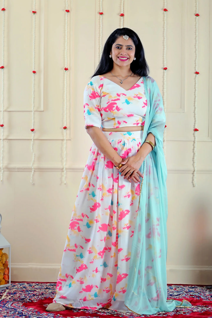 Shining White Multifloral Lehenga Crop Top and Dupatta with Matching Kurta Pyjama with Jacket ( Family Twin Set )
