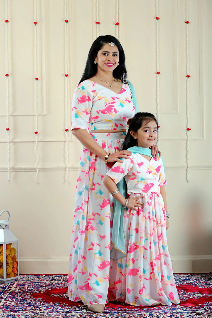Shining White Multifloral Lehenga Crop Top and Dupatta with Matching Kurta Pyjama with Jacket ( Family Twin Set )