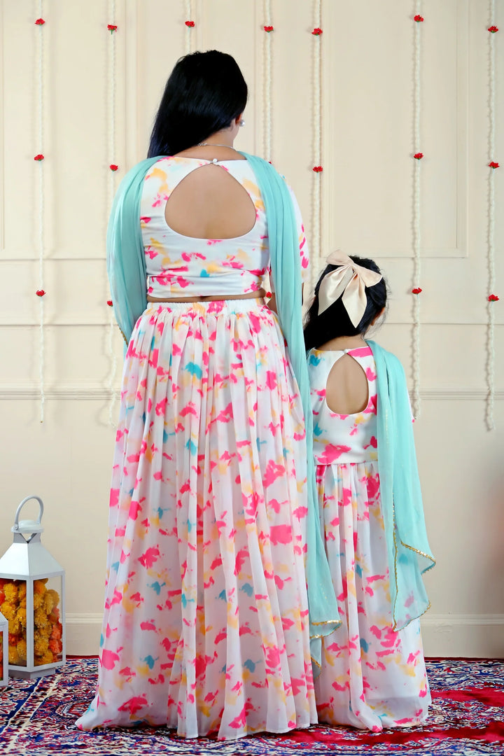 Shining White Multifloral Lehenga Crop Top and Dupatta with Matching Kurta Pyjama with Jacket ( Family Twin Set )