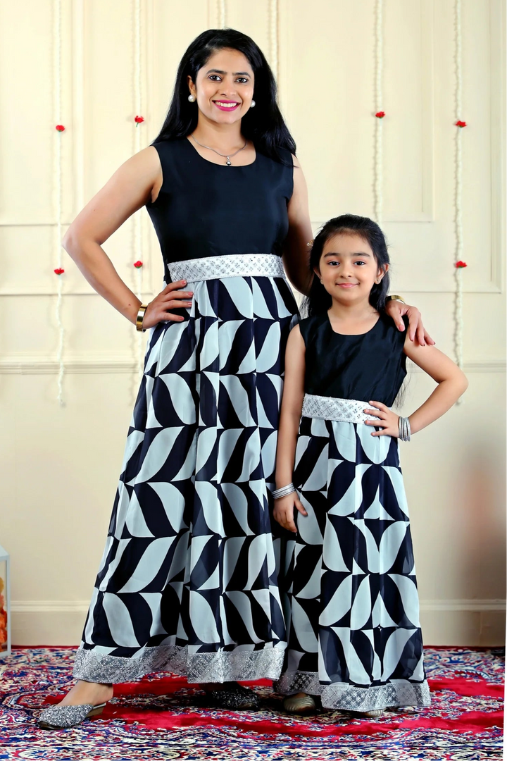 Black Sequins and White Checkered Gown for Mom and Daughter Matching Set