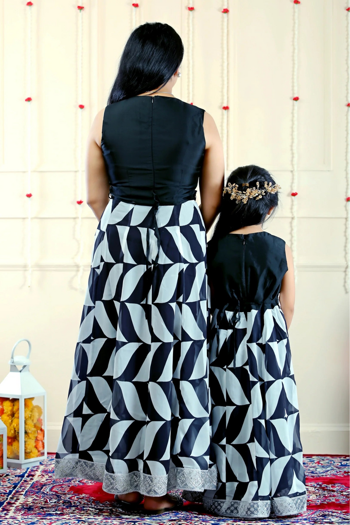 Black Sequins and White Checkered Gown for Mom and Daughter Matching Set