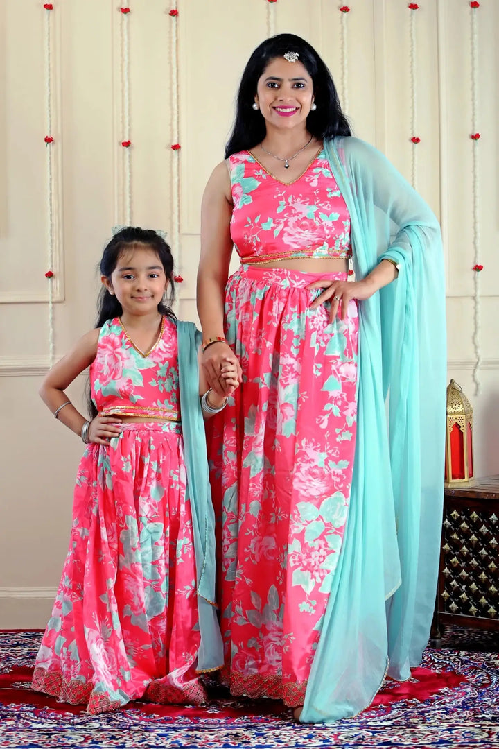 Pink and Blue Floral Lehenga Choli with Dupatta | Mom and Daughter Twin Set