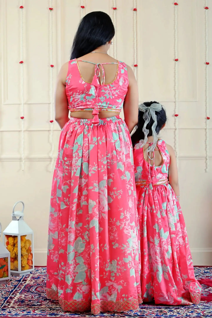 Pink and Blue Floral Lehenga Choli with Dupatta | Mom and Daughter Twin Set