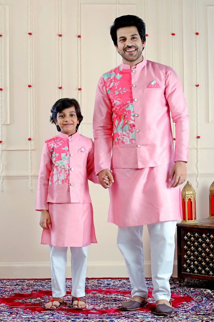 Pink and Blue Floral Jacket with Matching Kurta Pajama Father Son Twin Set