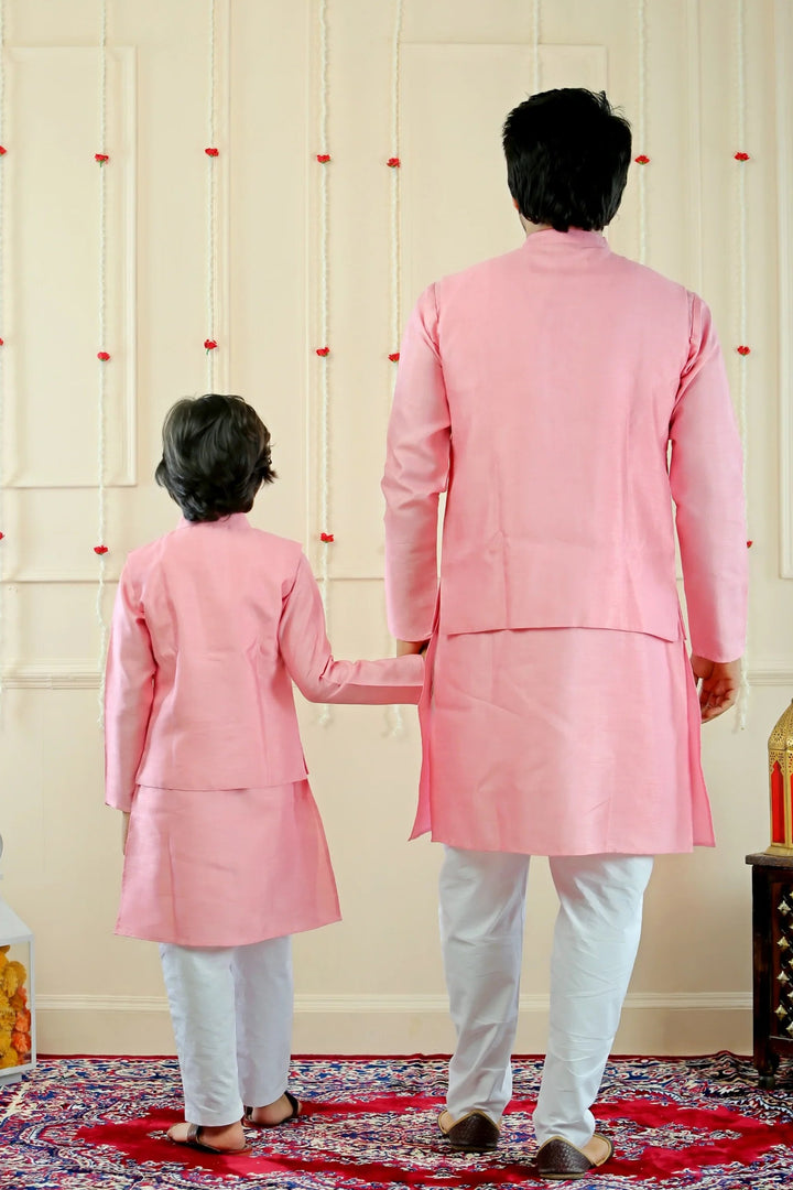 Pink and Blue Floral Jacket with Matching Kurta Pajama Father Son Twin Set