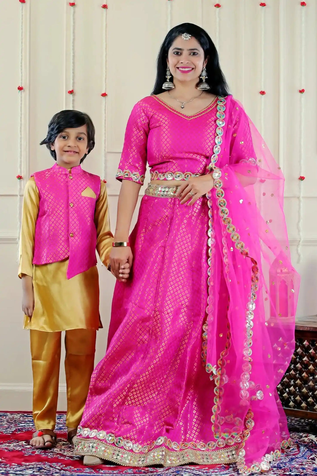 Fuschia Pink Lehenga Choli with Golden Kurta Pyjama and Matching Pink Jacket ( Mom and Son Twin Set )