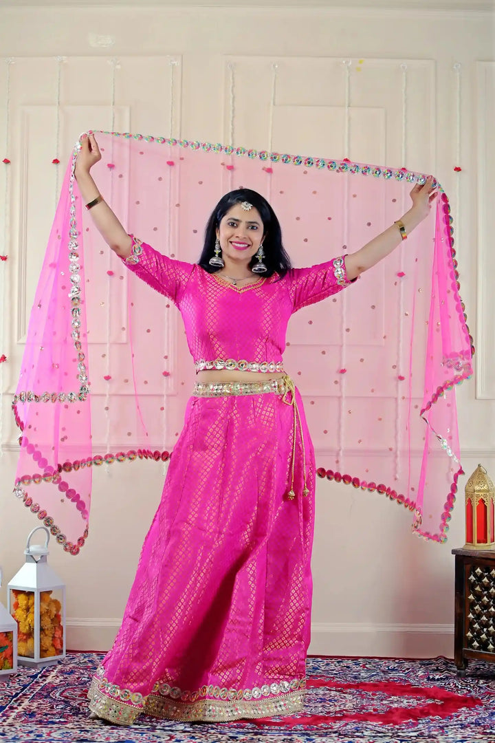 Fuschia Pink Lehenga Choli with Golden Kurta Pyjama and Matching Pink Jacket ( Mom and Son Twin Set )