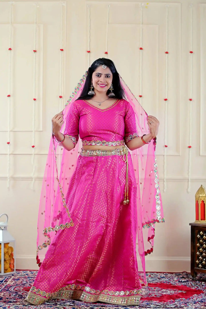 Fuschia Pink Lehenga Choli with Golden Kurta Pyjama and Matching Pink Jacket ( Mom and Son Twin Set )