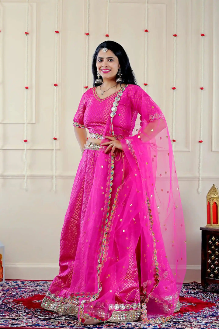 Fuschia Pink Lehenga Choli with Golden Kurta Pyjama and Matching Pink Jacket ( Mom and Son Twin Set )