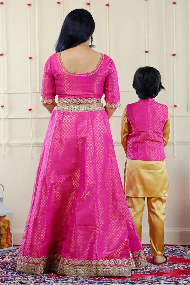 Fuschia Pink Lehenga Choli with Golden Kurta Pyjama and Matching Pink Jacket ( Mom and Son Twin Set )