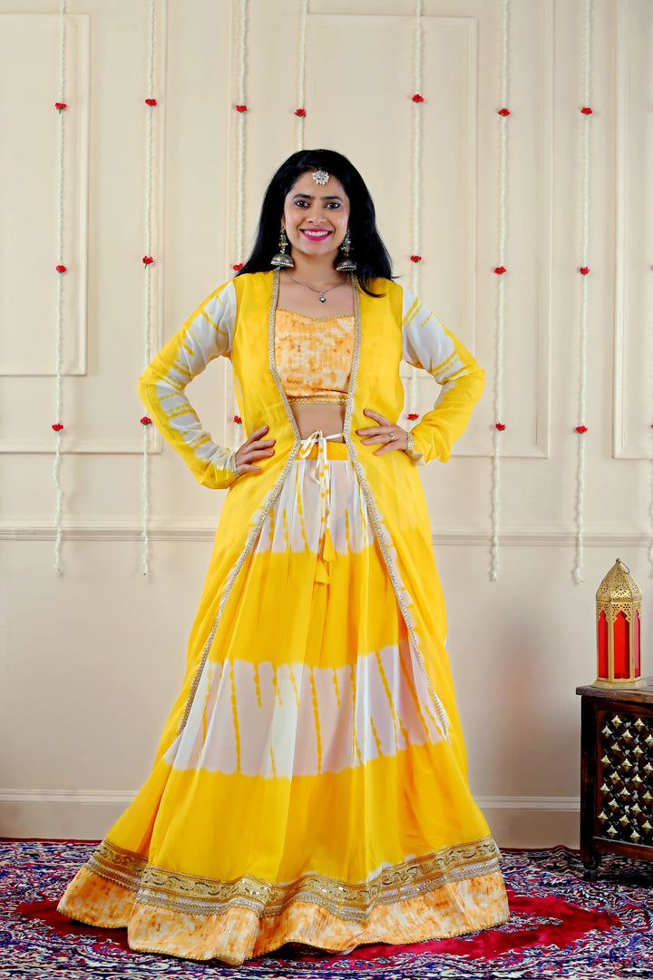 Yellow and White Shaded Crop Top with Lehenga and Over Coat for Women