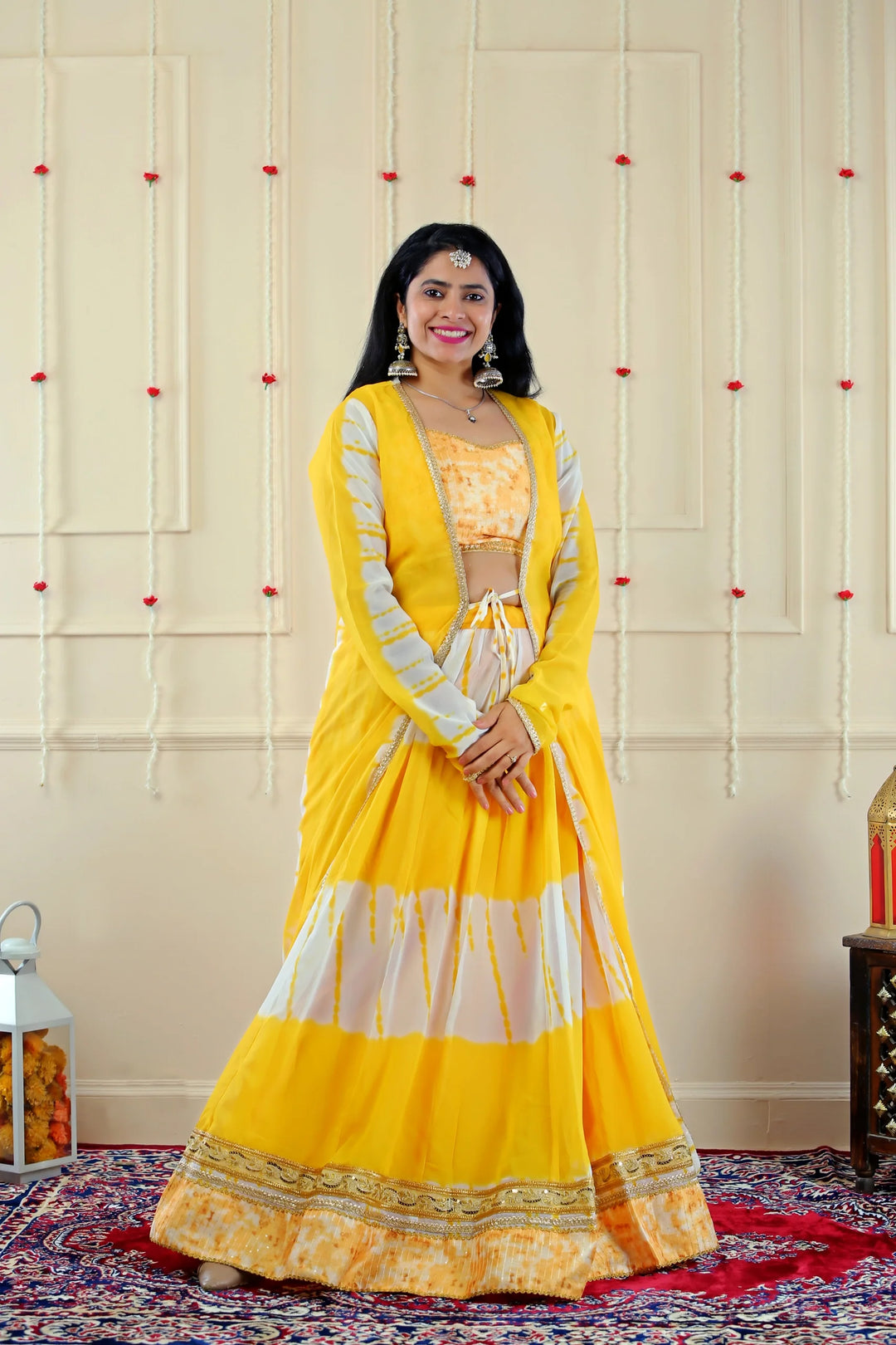Yellow and White Shaded Crop Top with Lehenga and Over Coat for Women