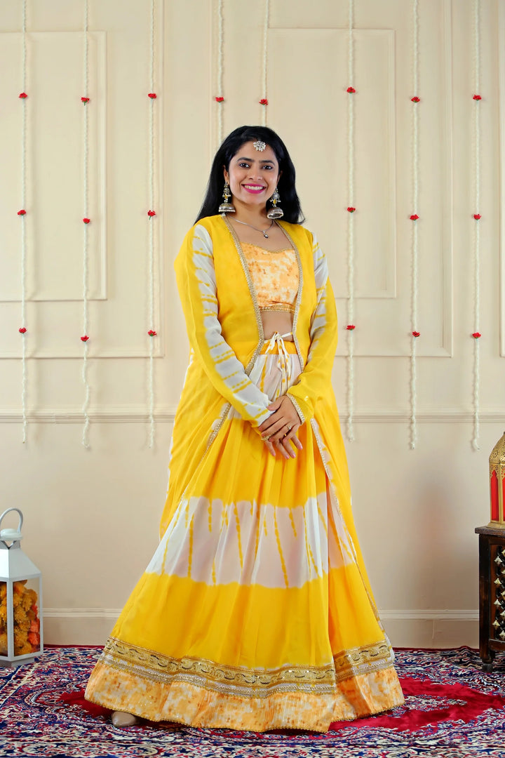 Yellow and White Shaded Crop Top with Lehenga and Over Coat for Women