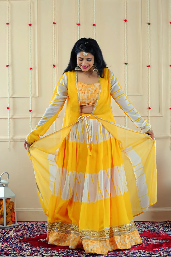 Yellow and White Shaded Crop Top with Lehenga and Over Coat for Women