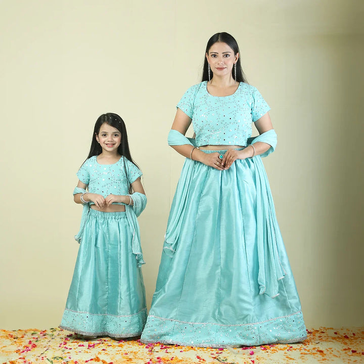 Aqua Blue Lehenga with mirror work Choli Mom and Daughter Twin Set