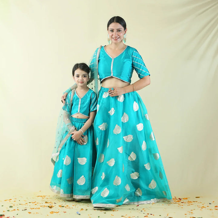 Mom and Daughter Twin Set: Teal & Golden Lehenga Choli