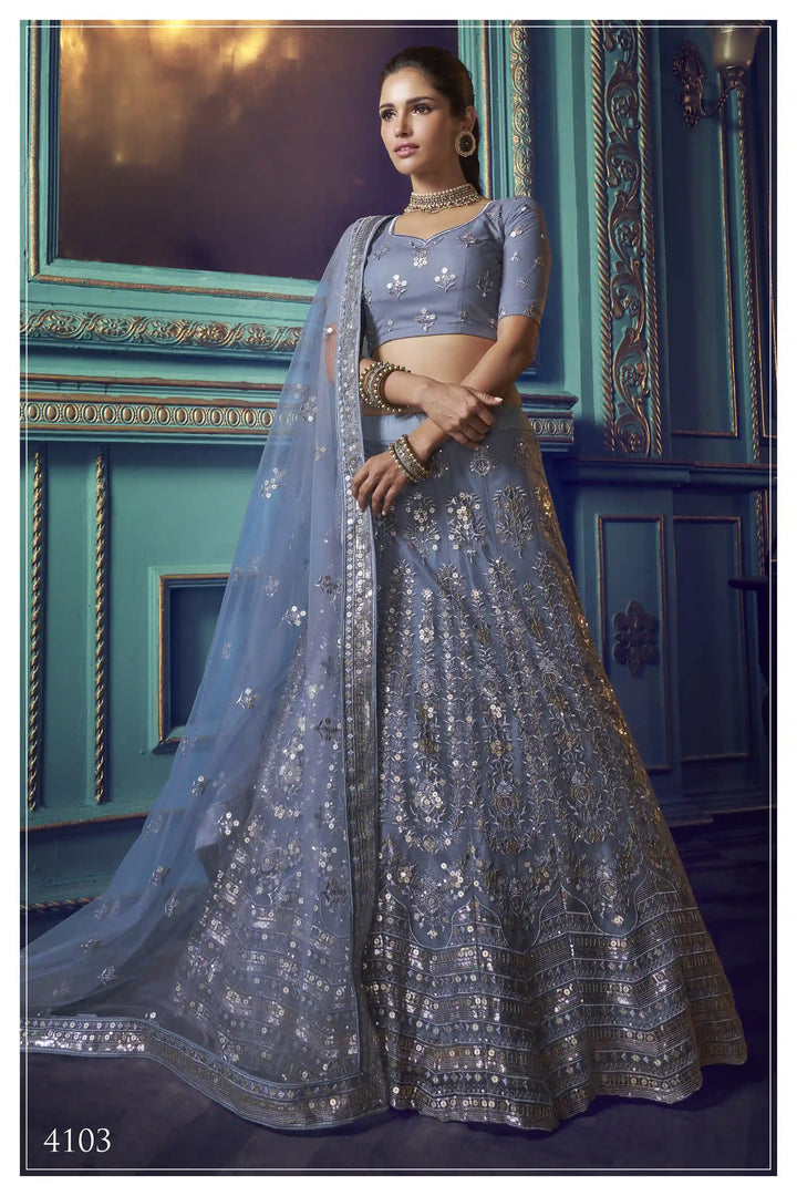 Light Sky Blue Lehenga | Elegant Sequin Work Soft Net Lehenga