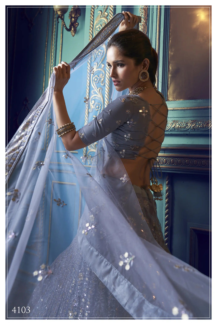 Light Sky Blue Lehenga | Elegant Sequin Work Soft Net Lehenga