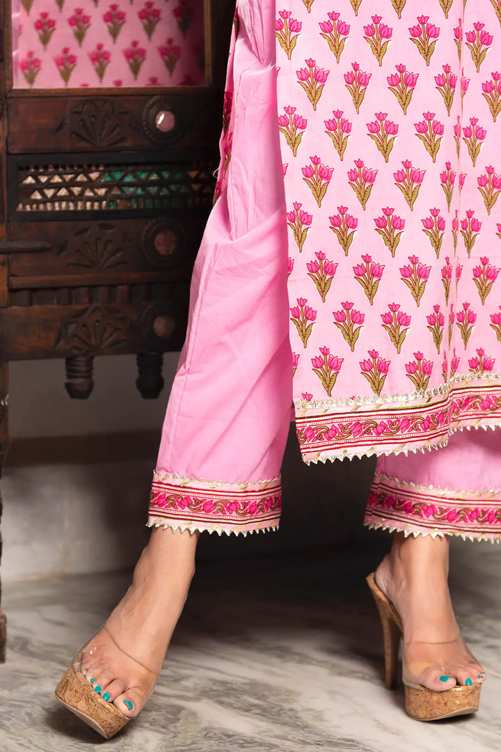 Gulbahar pink hand block print suit | with soft net lace work dupatta set edition