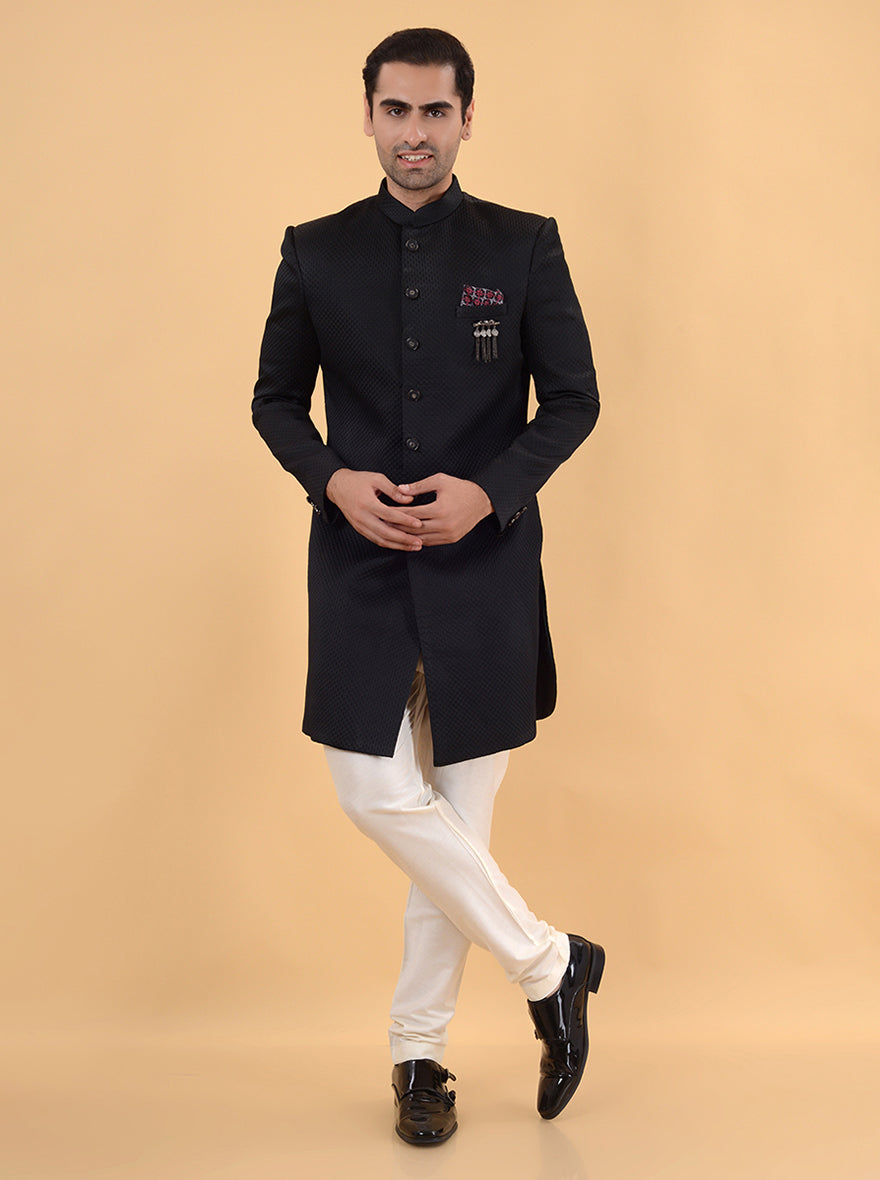 Full sleeve black jacquard Indo Western, perfect for festive events