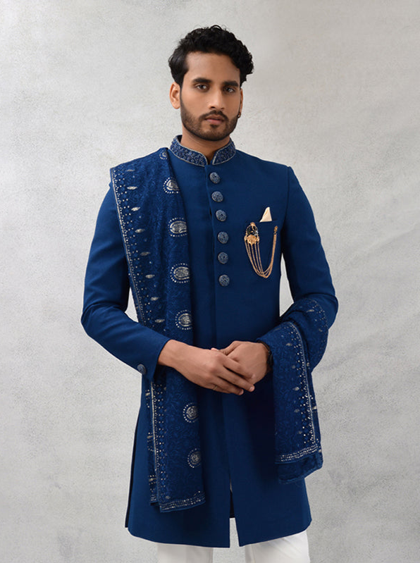 Teal Blue Embroidered Indowestern | Poly Nosaic with Sequins Work